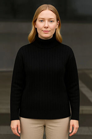 Kadın Balıkcı Yaka Bağazlı Triko Kazak Pamuklu Kalın Fitilli Dokuma - Siyah