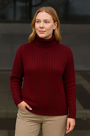 Kadın Balıkcı Yaka Bağazlı Triko Kazak Pamuklu Kalın Fitilli Dokuma - Bordo