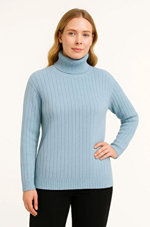 Velmora    Balıkcı Yaka Bağazlı Triko Kazak Pamuklu Kalın Fitilli Dokuma - Bebek Mavisi