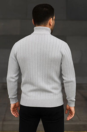 Balıkcı Yaka Bağazlı Triko Kazak Pamuklu Kalın Fitilli Dokuma, - Gri