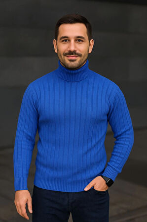 Balıkcı Yaka Bağazlı Triko Kazak Pamuklu Kalın Fitilli Dokuma, Regular Fit Uzun Kollu Kışlık Model - Saks Mavisi