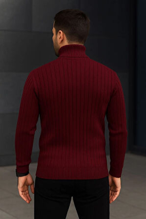 Erkek Balıkcı Yaka Bağazlı Triko Kazak Pamuklu Kalın Fitilli Dokuma, Regular Fit Uzun Kollu Kışlık Model - Bordo