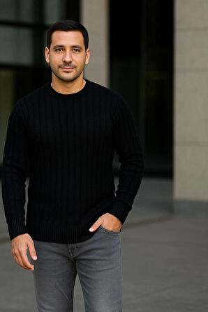 Erkek Bisiklet Yuvarlak Yaka Triko Kazak Pamuklu Kalın Fitilli Dokuma, Regular Fit Uzun Kollu Kışlık Model - Siyah