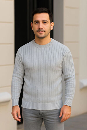 Velmora    Bisiklet Yuvarlak Yaka Triko Kazak Pamuklu Kalın Fitilli Dokuma, Regular Fit Uzun Kollu Kışlık Model - Gri