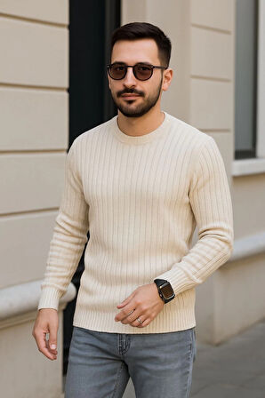 Erkek Bisiklet Yuvarlak Yaka Triko Kazak Pamuklu Kalın Fitilli Dokuma, Regular Fit Uzun Kollu Kışlık Model - Bej