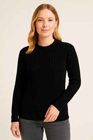 Kadın Bisiklet Yuvarlak Yaka Triko Kazak Pamuklu Kalın Fitilli Dokuma, Regular Fit Uzun Kollu Kışlık Model - Siyah