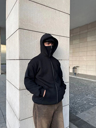 Samuray Ninja Çift Kapşonlu ZIP Fermuarlı Kanguru Çepli Tam Fermuarlı Hoodie Swetshirt - Siyah