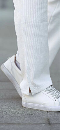 Erkek Paça Yırtmaçlı Burgu selanik dokulu Jogger Buggy Pantalon Rahat kalıp - Beyaz