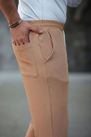 Erkek Paça Yırtmaçlı Burgu selanik dokulu Jogger Buggy Pantalon Rahat kalıp - Kahverengi