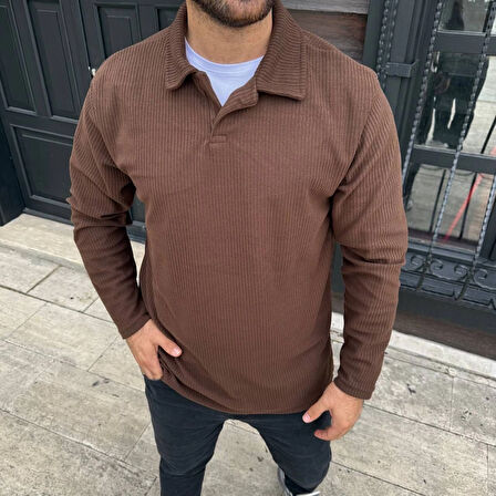 Fitilli Polar Sweatshirt - Düğmesiz Polo Yaka, Oversize Rahat Kalıp, Kalın Polar Kumaş, Kışlık ve Baharlık Şık Günlük Üst - Kahverengi