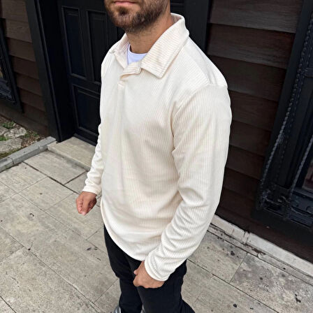 Erkek Fitilli Polar Sweatshirt - Düğmesiz Polo Yaka, Oversize Rahat Kalıp, Kalın Polar Kumaş, Kışlık ve Baharlık Şık Günlük Üst - Beyaz