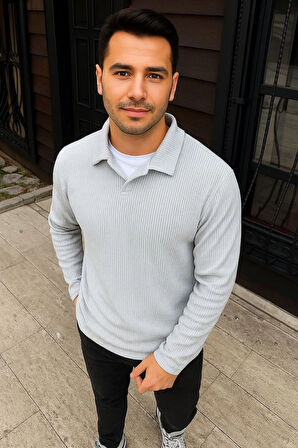 Erkek Fitilli Polar Sweatshirt - Düğmesiz Polo Yaka, Oversize Rahat Kalıp, Kalın Polar Kumaş, Kışlık ve Baharlık Şık Günlük Üst - Gri