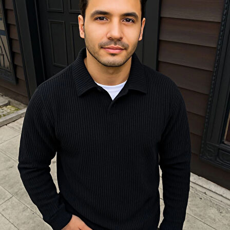 Erkek Fitilli Polar Sweatshirt - Düğmesiz Polo Yaka, Oversize Rahat Kalıp, Kalın Polar Kumaş, Kışlık ve Baharlık Şık Günlük Üst - Siyah