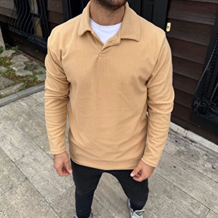 Erkek Fitilli Polar Sweatshirt - Düğmesiz Polo Yaka, Oversize Rahat Kalıp, Kalın Polar Kumaş, Kışlık ve Baharlık Şık Günlük Üst - Bej