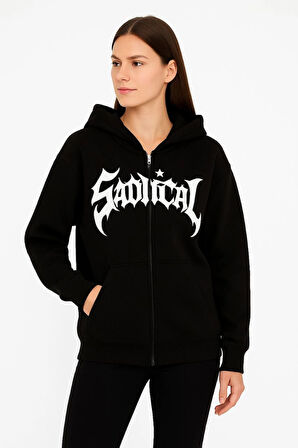 Oversize Kapüşonlu Sweatshirt  Hoodie 3 İplik Şardonlu Pamuklu Kumaş, Önü Baskılı, Fermuarlı Rahat Kalıp, Kışlık ve Sokak Stili Sweat - Siyah