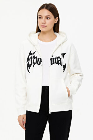 Oversize Kapüşonlu Sweatshirt Hoodie 3 İplik Şardonlu Pamuklu Kumaş, Önü Baskılı, Fermuarlı Rahat Kalıp, Kışlık ve Sokak Stili Sweat - Beyaz