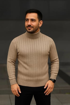 Erkek Fitilli Triko Kazak 3'lÜ Set Bej Haki Siyah Regular Balıkcı Yaka Tam Boğazlı Triko Seti Modeli Kazak