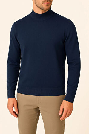 Velmora    Yarım Boğaz Triko Kazak yumuşak dokulu Pamuklu ince Dokuma, uzun kollu Rahat Regular kalıp - Lacivert