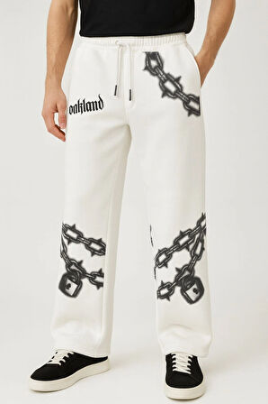 Erkek Üç İplik Pamuklu Baskılı Cepli Jogger Buggy Pantalon Oversize Kalıp - Beyaz