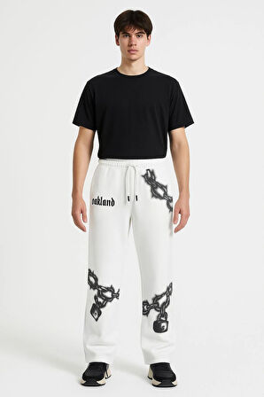 Erkek Üç İplik Pamuklu Baskılı Cepli Jogger Buggy Pantalon Oversize Kalıp - Beyaz