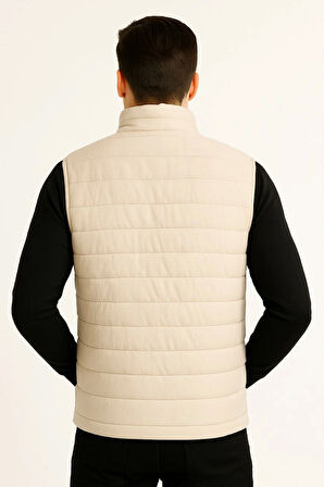 Erkek Şişme Fermuarlı Yelek Su itici Kapitone Astarlı Kumaş Cepli Hafif Kışlık Spor Rahat Kalıp -Bej