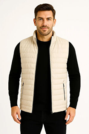 Erkek Şişme Fermuarlı Yelek Su itici Kapitone Astarlı Kumaş Cepli Hafif Kışlık Spor Rahat Kalıp -Bej