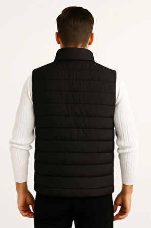 Erkek Şişme Fermuarlı Yelek Su itici Kapitone Astarlı Kumaş Cepli Hafif Kışlık Spor Rahat Kalıp - Siyah