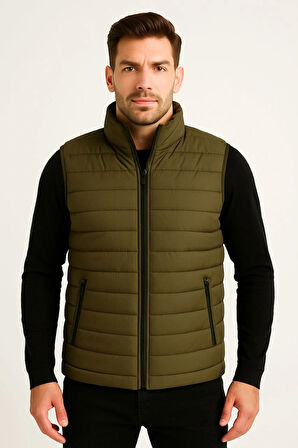 Erkek Şişme Fermuarlı Yelek Su itici Kapitone Astarlı Kumaş Cepli Hafif Kışlık Spor Rahat Kalıp - Haki