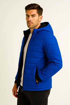 Erkek Şişme Kapüşonlu Fermuarlı Mont Su itici Kapitone Astarlı Kumaş Cepli Kışlık Rahat Kalıp - Saks Mavisi