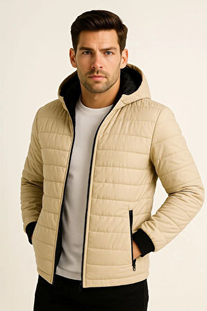 Erkek Şişme Kapüşonlu Fermuarlı Mont Su itici Kapitone Astarlı Kumaş Cepli Kışlık Rahat Kalıp - Bej