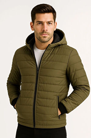 Erkek Şişme Kapüşonlu Fermuarlı Mont Su itici Kapitone Astarlı Kumaş Cepli Kışlık Rahat Kalıp - Haki