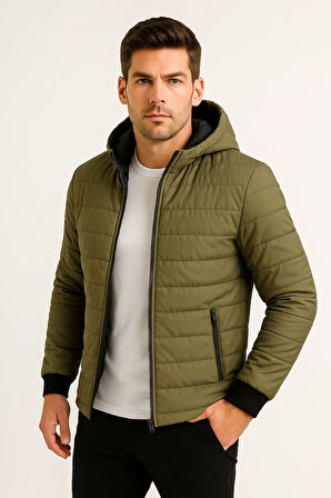 Erkek Şişme Kapüşonlu Fermuarlı Mont Su itici Kapitone Astarlı Kumaş Cepli Kışlık Rahat Kalıp - Haki