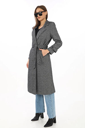 Kadın Balık Sırtı Kaşe Kaban - Uzun Boy Kruvaze Yaka Kuşaklı Astarlı Kışlık Tesettür Kaban, Yünlü Dokuma Kaşmir Kumaş, Cepli Rahat Oversize Kalıp Şık Modern Kaban Mont Modeli (Günlük ve Özel Gün Kombinlerine Uygun) - Füme