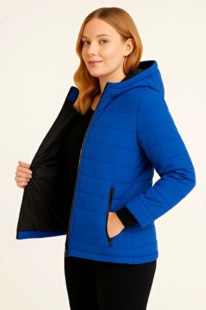 Kadın Şişme Kapüşonlu Fermuarlı Mont Su itici Kapitone Astarlı Kumaş Cepli Kışlık Rahat Kalıp  - Saks Mavisi