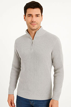 Erkek Yarım Fermuarlı Triko Kazak - Selanik Örgü, Dik Yaka, Pamuklu Dokuma, Regular Fit Uzun Kollu Kışlık Model - Gri