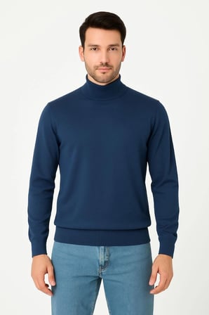 Velmora Premium Yarım Boğaz Triko Kazak yumuşak dokulu Pamuklu ince Dokuma, uzun kollu Rahat Regular kalıp - İndigo