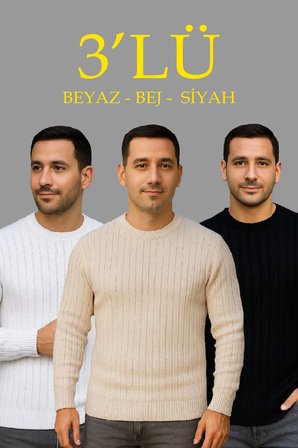 Erkek Fitilli Triko Kazak 3 lü Set Bej Beyaz Siyah | Kalın Dokuma Pamuklu Regular Fit