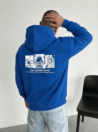 Kapüşonlu Oversize Hoodie – Üç İplik Pamuklu, Astronot Temalı Renkli Dünya Baskılı, Kanguru Cepli Premium Sweatshirt - Saks Mavi