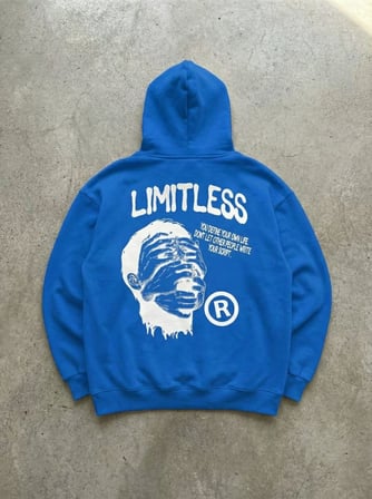 Premium Baskılı Kapşonlu Sweatshirt Üç İplik İçi Pamuklu Kanguru Cepli Double Oversize Rahat Kalıp Hoodie - Saks Mavi