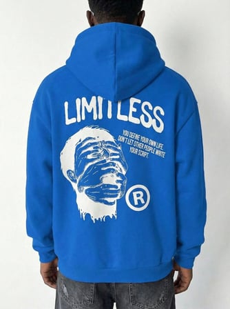 Premium Baskılı Kapşonlu Sweatshirt Üç İplik İçi Pamuklu Kanguru Cepli Double Oversize Rahat Kalıp Hoodie - Saks Mavi