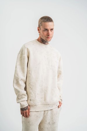 Erkek 3 İplik Pamuklu Yağ Yıkamalı Sweatshirt Double Oversize Bisiklet Yaka Uzun Kol - Krem