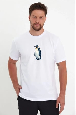 Erkek T-Shirt Penguen Baskılı Bisiklet Yaka Kısa kol yazlık Tişört - Beyaz