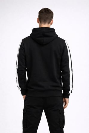 Erkek Şeritli Kapüşonlu Sweatshirt Oversize 3 iplik Pamuklu - Siyah