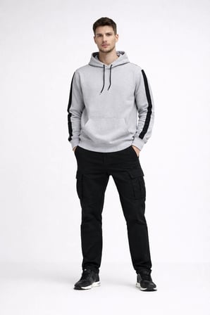 Erkek Şeritli Kapüşonlu Sweatshirt Oversize 3 iplik Pamuklu - Beyaz