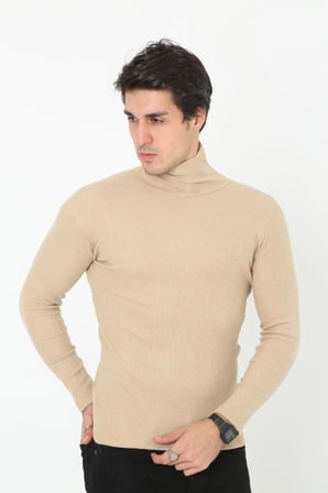 Erkek Fitilli Kaşkorse Kumaş Boğazlı Full Likralı Slimfit Body - Bej