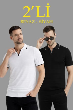 Erkek 2 li Paket Triko Yakalı Düğmesiz Açık Yaka Fitilli Kısa Kollu Regular Fit Tişört - Beyaz & Siyah