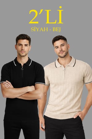 Erkek 2 li Paket Dokuma Triko  Fermuarlı Yakalı Fitilli Kısa Kollu Regular Fit Tişört - Bej & Siyah