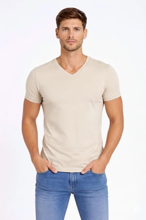 Erkek Body T-shirt V Yaka Slim Fit Likralı Kısa kol Tişört - Taş
