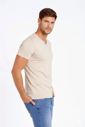 Erkek Body T-shirt V Yaka Slim Fit Likralı Kısa kol Tişört - Taş