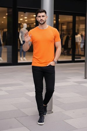 Erkek Body Tişört Bisiklet Yaka Slim Fit Likralı T-Shirt - Turuncu